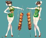  aqua_background bare_hips bare_shoulders blush bun_cover china_dress chinese_clothes cleavage_cutout contrapposto crossed_legs double_bun dress elbow_gloves food full_body gloves green_eyes hair_bun hand_on_hip holding kebab looking_at_viewer multiple_girls open_mouth original oversized_food oversized_object short_hair signature simple_background smile standing thighhighs tsingtao watson_cross white_gloves white_legwear yang-do 