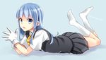  blue_background blue_eyes blue_hair gloves hatsukaze_(kantai_collection) kantai_collection kneehighs kubyou_azami long_hair looking_at_viewer lying on_stomach open_mouth pleated_skirt school_uniform simple_background skirt solo twitter_username vest white_gloves white_legwear 