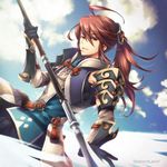  armor brown_eyes brown_hair fire_emblem fire_emblem_if gloves hair_ornament male_focus pegasus pegasus_knight polearm ponytail shuri_yasuyuki solo spear tsubaki_(fire_emblem_if) weapon 