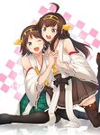  2girls ahoge blue_eyes brown_hair dated hairband hiei_(kantai_collection) highres holding_hands imoden interlocked_fingers japanese_clothes kantai_collection kongou_(kantai_collection) long_hair multiple_girls nontraditional_miko one_eye_closed short_hair smile thighhighs twitter_username 