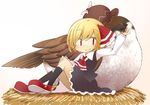  animalization bird bird_nest blonde_hair frilled_skirt frills hair_ribbon hat jagabutter md5_mismatch mystia_lorelei mystia_lorelei_(bird) red_eyes ribbon rumia shirt short_hair sitting skirt smile touhou vest 