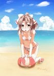  ball beach beachball blue_sky blush bow_bikini brown_eyes brown_hair cloud collarbone day flat_chest full_body hachimaki hair_ribbon headband high_ponytail highres kantai_collection koda long_hair looking_at_viewer md5_mismatch open_mouth outdoors ponytail ribbon sandals sky smile solo swimsuit twitter_username zuihou_(kantai_collection) 
