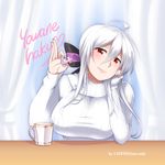  absurdres ahoge blush breasts caffein coffee_mug cup hair_ribbon hand_on_own_cheek hand_on_own_face headphones highres large_breasts long_hair mug puzzle_piece red_eyes ribbon silver_hair smile solo sweater table vocaloid voyakiloid white_hair white_sweater yowane_haku 