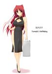  bare_hips black_eyes blush breasts china_dress chinese_clothes cleavage cleavage_cutout dress earrings full_body happy_birthday jewelry kousaka_tamaki large_breasts long_hair red_hair side_slit simple_background solo standing to_heart_2 very_long_hair white_background zekkyon 