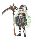  amulet animal_ears capelet dog_ears dog_tail ears_through_headwear flat_chest flat_color fur_trim green_hair hat hat_ribbon jewelry long_hair minaha_(playjoe2005) original pantyhose red_eyes ribbon scythe solo tail twintails wide_sleeves witch witch_hat 