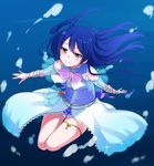 :&gt; bangs blue_hair bow bowtie center_frills dress highres lace-up long_hair love_live! love_live!_school_idol_project nanotsuki showgirl_skirt smile solo sonoda_umi sparkle thighlet underwater yellow_eyes 