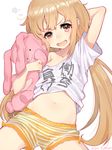  artist_name bike_shorts blonde_hair blush brown_eyes clothes_writing commentary_request futaba_anzu idolmaster idolmaster_cinderella_girls long_hair mika_pikazo navel off_shoulder open_mouth shirt shorts smile solo striped striped_bike_shorts stuffed_animal stuffed_bunny stuffed_toy t-shirt twintails wavy_mouth you_work_you_lose 