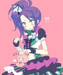  1girl 7melon :o bad_id bad_pixiv_id bangs bat_wings bow bracelet chain clenched_hand collar diamond dress fingerless_gloves frilled_dress frills gloves hair_ornament heart inverted_colors jewelry navel open_mouth pink_background ponytail pretty_(series) pripara puffy_short_sleeves puffy_sleeves purple_hair short_sleeves side_ponytail simple_background solo studded_bracelet studded_collar stuffed_animal stuffed_bunny stuffed_toy surprised sweat toudou_shion wings yellow_eyes 