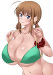  ahoge bikini blue_eyes breasts brown_hair earrings gigantic_breasts highres huge_ahoge jewelry komusou_(jinrikisha) long_hair looking_at_viewer navel ooba_minori original skindentation smile solo swimsuit twintails 