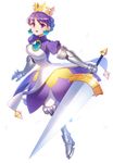  armor crown earrings full_body gauntlets gradriel greaves jewelry kail princess_crown purple_eyes purple_hair short_hair solo sword transparent_background weapon white_bloomers 