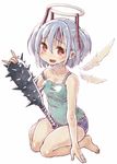  1girl \m/ angel angel_wings barefoot blue_hair bokusatsu_tenshi_dokuro-chan breasts cleavage club halo hantoumei_namako large_breasts mitsukai_dokuro open_mouth red_eyes simple_background smile weapon wings 