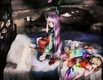  bad_id bad_pixiv_id bed blonde_hair dyolf expressionless flandre_scarlet fox_mask hannya hata_no_kokoro long_hair looking_at_viewer mask monkey_mask multiple_girls new_mask_of_hope noh_mask oni_mask purple_eyes purple_hair short_hair skirt sleeping touhou wings 