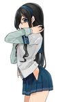  bad_id bad_twitter_id black_hair blue_eyes blue_hairband from_side glasses hairband hip_vent hita_(hitapita) kantai_collection long_hair ooyodo_(kantai_collection) school_uniform serafuku simple_background skirt solo white_background 