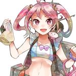  alternate_costume bag blush bow bunny hair_bobbles hair_ornament handbag itomugi-kun kantai_collection long_hair looking_at_viewer machinery open_mouth pink_eyes pink_hair sazanami_(kantai_collection) scrunchie smile solo swimsuit twintails wrist_scrunchie 
