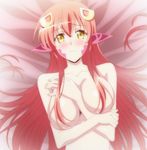  blush breasts female gradient gradient_background highres lamia large_breasts long_hair miia_(monster_musume) monster_girl monster_musume_no_iru_nichijou nude pointy_ears red_hair screencap solo stitched yellow_eyes 