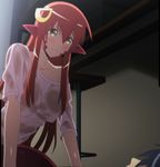  blush breasts female gradient gradient_background highres lamia large_breasts long_hair miia_(monster_musume) monster_girl monster_musume_no_iru_nichijou pointy_ears red_hair screencap snake_tail solo stitched wet_clothes yellow_eyes 