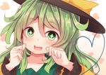  beni_shake blush bow fang green_eyes green_hair hat hat_bow heart heart_of_string komeiji_koishi solo sparkling_eyes touhou 