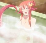  1girl bath blush breasts cleavage fang female highres lamia large_breasts long_hair miia_(monster_musume) monster_girl monster_musume_no_iru_nichijou pointy_ears red_hair screencap snake_tail solo stitched yellow_eyes 