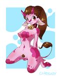  abstract_background anthro bell blush bovine breasts brown_eyes brown_hair candylady collar cowbell female fur hair hooves horn mammal nipples nude pink_fur pose pubes pussy sitting spots spotted_fur spread_legs spreading 