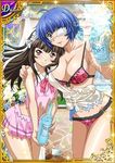  2girls blue_hair blush breasts brown_hair card_(medium) cleavage female ikkitousen large_breasts long_hair looking_at_viewer multiple_girls official_art ryomou_shimei short_hair small_breasts smile ten&#039;i_(ikkitousen) ten'i_(ikkitousen) 