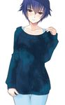  blue_eyes blue_hair blue_legwear blush collarbone hijiri_ruka pantyhose persona persona_4 shirogane_naoto short_hair solo sweater thigh_gap 