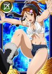  1girl bachou_mouki boots breasts brown_hair card_(medium) cleavage fingerless_gloves gloves ikkitousen legs long_hair looking_at_viewer midriff navel official_art open_mouth smile solo yellow_eyes 