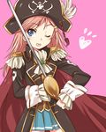  :p ;p blue_eyes blush frills hat heart katou_marika miniskirt_pirates mitsuki_meiya one_eye_closed pink_hair pirate_costume pirate_hat school_uniform serafuku skirt skull_and_crossbones solo sword tongue tongue_out weapon 