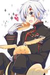  allen_walker bad_id bad_pixiv_id black_order_uniform bread d.gray-man eating food gloves grey_eyes heart open_mouth sitting sparkle surprised sxupxdxxy timcanpy uniform white_hair 