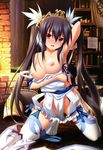  apron arm_up bad_id bad_yandere_id black_hair blush book bookshelf breasts crown highres kamidori_alchemy_meister kneeling large_breasts long_hair nipples no_bra no_panties official_art red_eyes thighhighs twintails very_long_hair white_hair yakuri yuela 