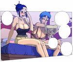  2girls breasts brown_hair bulma chi-chi_(dragon_ball) chichi dragon_ball dragonball_z gradient gradient_background kaputo99 large_breasts multiple_girls photoshop striped_background undressing yuri 