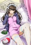  bed brown_hair cardigan female fishnet_legwear fishnets hairband ikkitousen ikkitousen:_bakunyuu_souhaden lace lace-trimmed_thighhighs long_hair looking_at_viewer lying nurse official_art on_back on_bed open_clothes pillow smile solo ten&#039;i_(ikkitousen) ten'i_(ikkitousen) thighhighs white_legwear zettai_ryouiki zipper 
