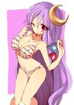  bikini bow crescent crescent_hair_ornament frilled_bikini frills hair_bow hair_ornament jpeg_artifacts kuresento long_hair looking_at_viewer midriff navel one_eye_closed open_mouth panties patchouli_knowledge pink_eyes purple_hair solo swimsuit touhou underwear very_long_hair 