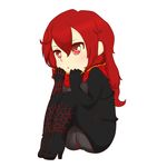  :t absurdres boots chibi clothes_theft curly_hair dark_knight_(elsword) elesis_(elsword) elsword highres knees_on_chest knees_together knees_up non-web_source red_eyes red_hair scarf scarf_over_mouth scarf_pull sitting theft 