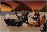  alcohol beach beverage breasts brown_hair canine cleavage clothed clothing conjoined drink female fox gorsh_dolderan green_eyes grey_hair group hair hand_on_thigh island karisha_and_mena mammal multi_limb multiple_arms multiple_tails purple_eyes seaside sibling skimpy sunset swimsuit twins vira_and_viana yellow_eyes 