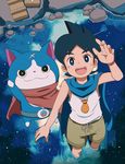 :3 absurdres bad_id bad_pixiv_id besuyama black_hair blue_cape cape cat commentary_request footwear_removed from_above fuyunyan geta highres keizou looking_up open_mouth red_cape reflection scar short_hair shorts sky star_(sky) starry_sky wading water youkai youkai_watch youkai_watch_2 