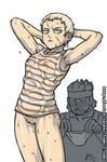  1girl :&lt; armpit_hair armpits arms_up beard bottomless breasts covered_nipples facial_hair headband holding holding_panties metal_gear_(series) metal_gear_solid metal_gear_solid_2 nipples noise_tanker olga_gurlukovich panties pubic_hair pussy scar see-through short_hair small_breasts solid_snake solo_focus striped tank_top thighs underwear wet wet_clothes 