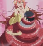  1girl blush breasts cleavage eyes_closed fang female gradient gradient_background highres lamia large_breasts long_hair miia_(monster_musume) monster_girl monster_musume_no_iru_nichijou open_mouth pointy_ears red_hair screencap snake_tail stitched 