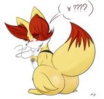  2015 big_tail blush bubble_butt butt cigarette female fennekin fur kamikitsu looking_back mammal nintendo paws pok&eacute;mon sitting smile smoke teeth video_games 