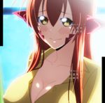  blush breasts cleavage fang female gradient gradient_background highres lamia large_breasts long_hair miia_(monster_musume) monster_girl monster_musume_no_iru_nichijou pointy_ears red_hair screencap snake_tail solo stitched yellow_eyes 