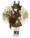  animal_ears anklet barefoot eyebrows eyebrows_visible_through_hair flat_chest flower forest green_eyes green_hair horn_ornament horns jewelry jitome leaf multicolored multicolored_eyes nature original plant satsumai signature solo standing tree wristband yellow_eyes yellow_flower 