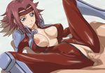  1girl areolae blue_eyes bodysuit breasts censored clothed_female_nude_male code_geass hairband highres kallen_stadtfeld kyabakurabakufu large_breasts legs looking_away lying mosaic_censoring nipples no_bra no_panties open_clothes penis pussy red_hair sex short_hair simple_background solo_focus spread_legs sweat thighs vaginal 