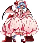  baba_(baba_seimaijo) bat_wings blue_hair bow bubble_skirt fang frilled_skirt frills full_body hat hat_ribbon jpeg_artifacts long_skirt long_sleeves looking_away mob_cap open_mouth puffy_sleeves red_eyes remilia_scarlet ribbon shirt shoes short_hair simple_background skirt skirt_hold skirt_set smile socks solo tachi-e touhou white_background white_legwear wings 