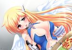  astraea blonde_hair blush cleavage food red_eyes signed sora_no_otoshimono wings 