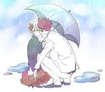  1boy 1girl beatrice blonde_hair blue_eyes blush couple flower formal hair_flower hair_ornament hetero jacket kiss necktie rain red_hair rose shared_umbrella skirt suit thighhighs umbrella umineko_no_naku_koro_ni ushiromiya_battler zettai_ryouiki 