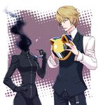  1girl animal_helmet biker_clothes bikesuit black_bodysuit blonde_hair bodysuit bow bowtie celty_sturluson cigarette dullahan durarara!! gloves hand_on_hip headless height_difference heiwajima_shizuo helmet motorcycle_helmet polka_dot sunglasses tuxedo yuzukarin 