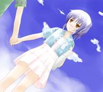 angel_beats! blue_hair casual cloud day dutch_angle holding_hands misui out_of_frame short_hair solo_focus tenshi_(angel_beats!) yellow_eyes 