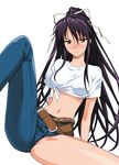  a1 absurdres arm_support asymmetrical_clothes belt blush cutoffs denim highres jeans kanzaki_kaori long_hair midriff navel non-web_source pants partially_visible_vulva ponytail purple_hair shirt simple_background single_pantsleg solo spread_legs sweatdrop tied_shirt to_aru_majutsu_no_index 