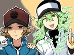  baseball_cap english gen_5_pokemon green_hair hat multiple_boys n_(pokemon) obo oshawott pokemon pokemon_(creature) pokemon_(game) pokemon_bw ponytail touya_(pokemon) 