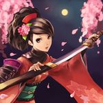  black_hair brown_eyes cherry_blossoms female flower hair_flower hair_ornament headdress japanese_clothes katana kimono md5_mismatch meno_(pixiv) momohime moon nature night oboro_muramasa oboro_muramasa_youtouden outdoors shoulder_pads sky solo sword weapon 