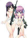  2girls artist_request assault_rifle beretta_92 bikini bloomed_in_action blue_eyes brown_eyes casual_one-piece_swimsuit chuujou_shizuko crossdressing explosive flat_chest grenade gun handgun knife m4_carbine multiple_boys multiple_girls one-piece_swimsuit otoko_no_ko pistol purple_hair rifle shibahara_kyouko simple_background swimsuit thigh_gap weapon 